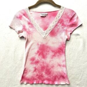 Michael Stars Babydoll Top Lace Y2K Cap Sleeve Made in USA OS Pink Tie Dye
